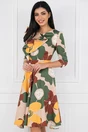 Rochie bej cu imprimeu floral verde si galben
