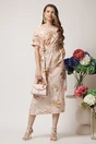 Rochie de zi bej cu imprimeuri florale si cordon in talie