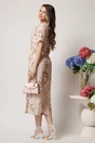 Rochie de zi bej cu imprimeuri florale si cordon in talie