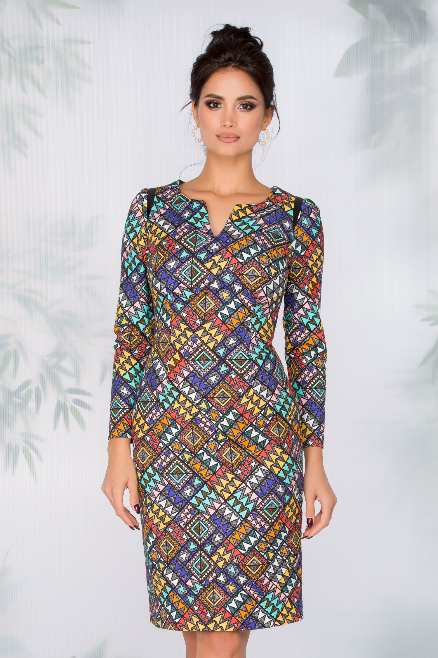 Rochie Belinda cu imprimeu geometric multicolor