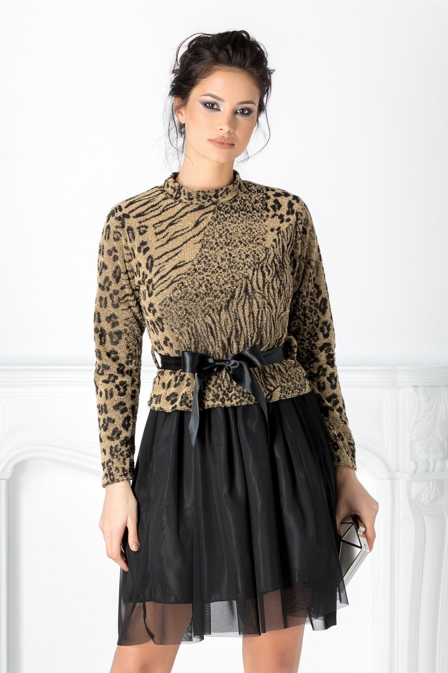 Rochie Bella cu animal print bej si tull negru