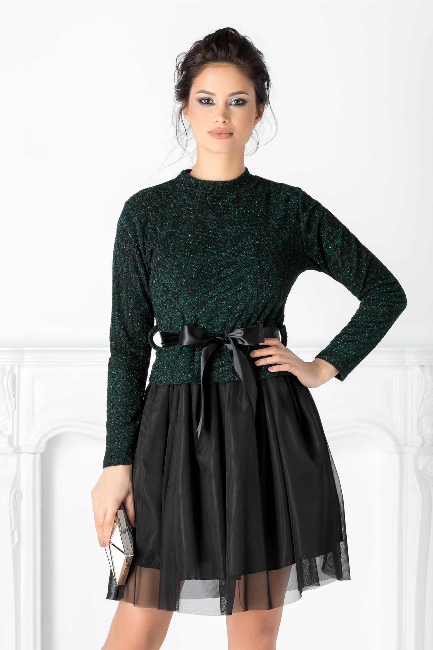 Rochie Bella cu animal print verde si tull negru