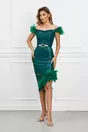 Rochie Biana verde din paiete cu pene si curea