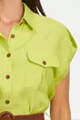 Rochie Bianca tip camasa verde crud cu nasturi si curea in talie