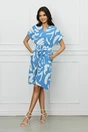 Rochie bleu cu imprimeu alb si cordon in talie