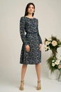 Rochie bleumarin cu imprimeuri florale lila si curea in talie