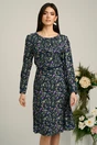 Rochie bleumarin cu imprimeuri florale lila si curea in talie