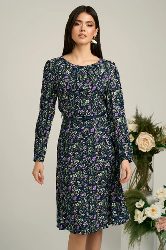 Rochie bleumarin cu imprimeuri florale lila si curea in talie