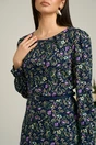 Rochie bleumarin cu imprimeuri florale lila si curea in talie