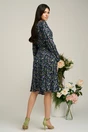 Rochie bleumarin cu imprimeuri florale lila si curea in talie