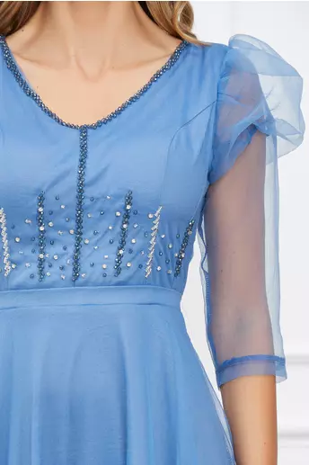 Rochie Briana albastra din organza cu strasuri pe bust