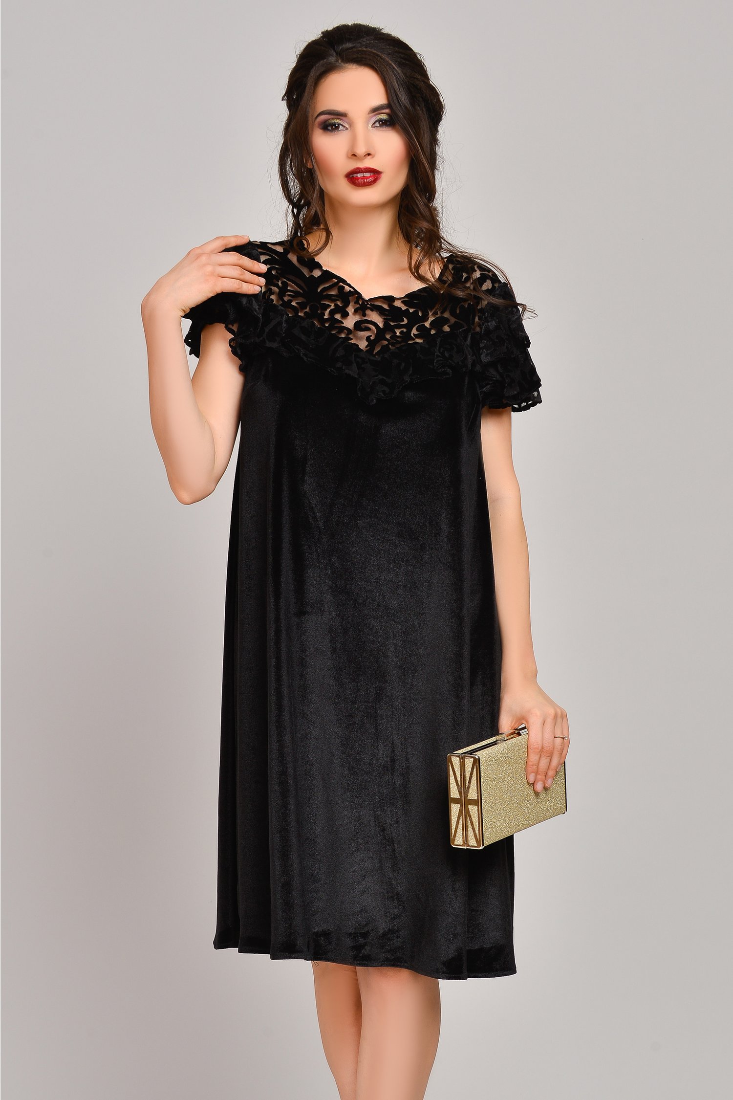 Rochie Brise neagra croi lejer cu imprimeuri catifea