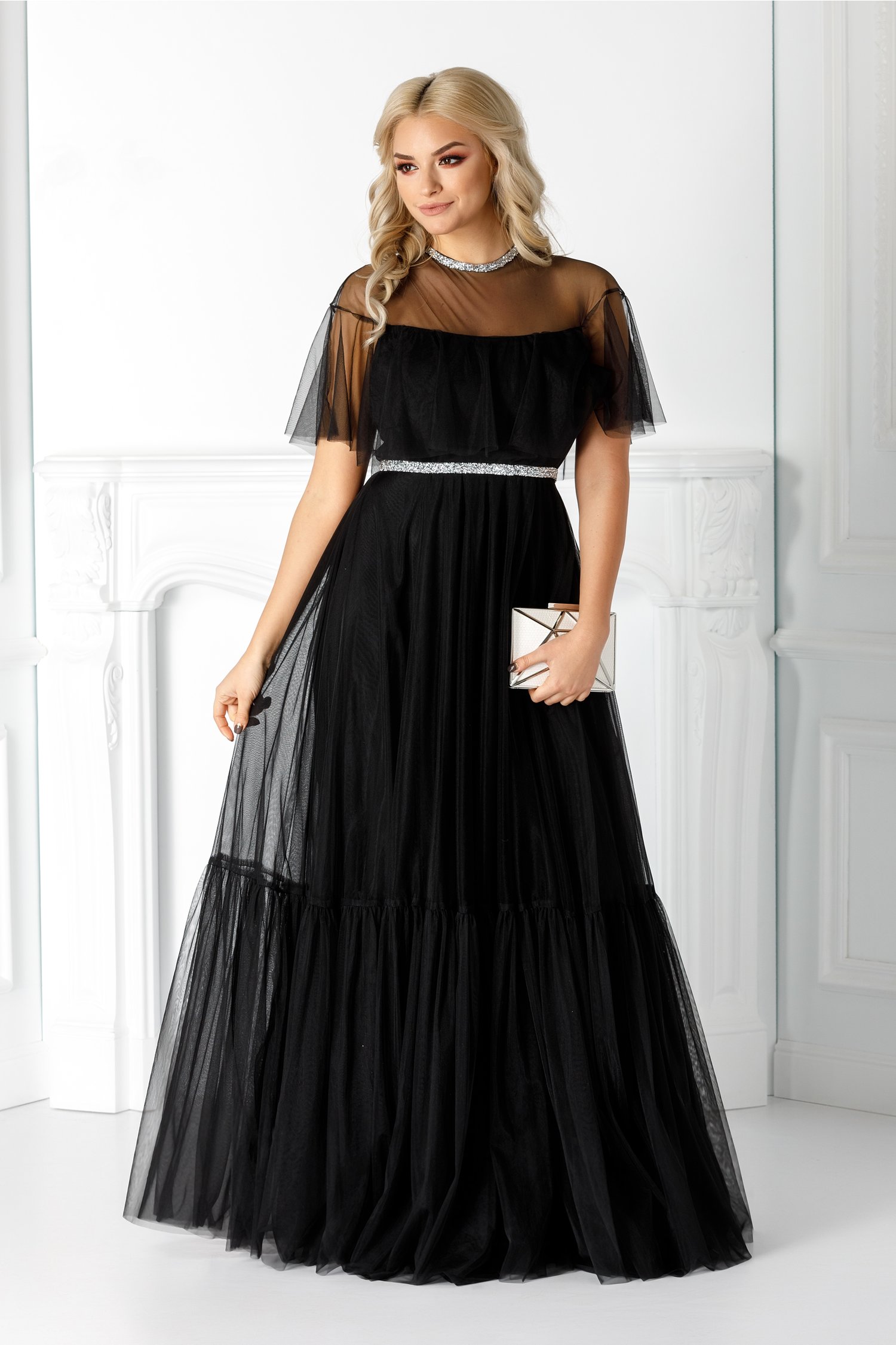 Rochie Brise neagra din tull cu benzi stralucitoare