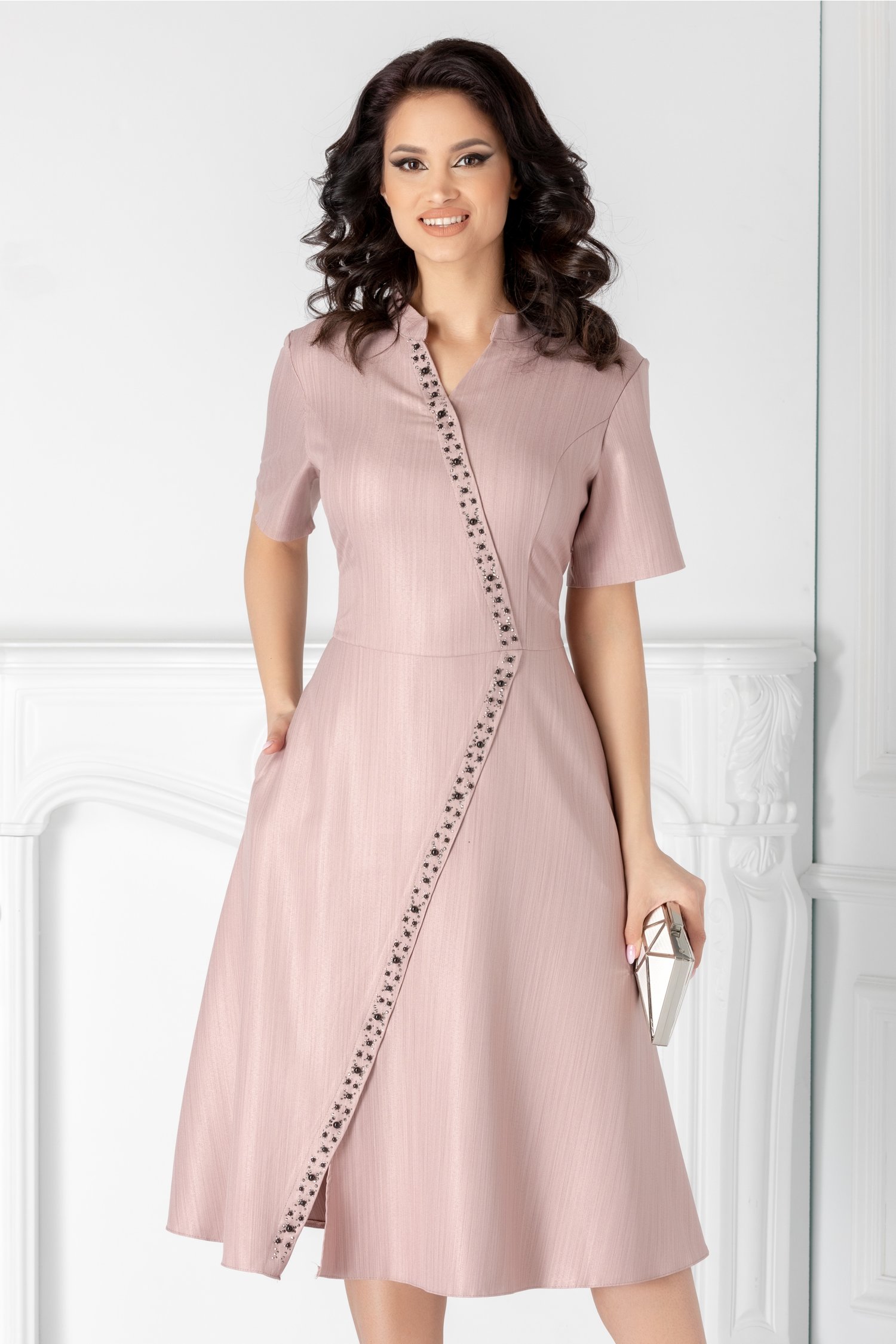 Rochie Bryce roz pudrat cu fir argintiu