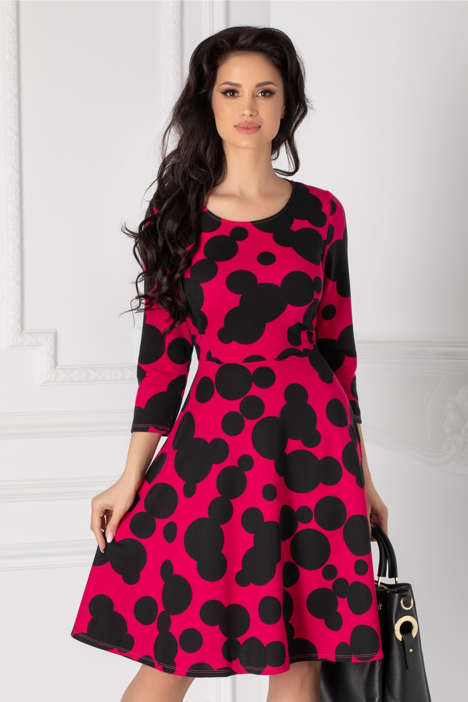 Rochie Camelia fucsia cu buline negre