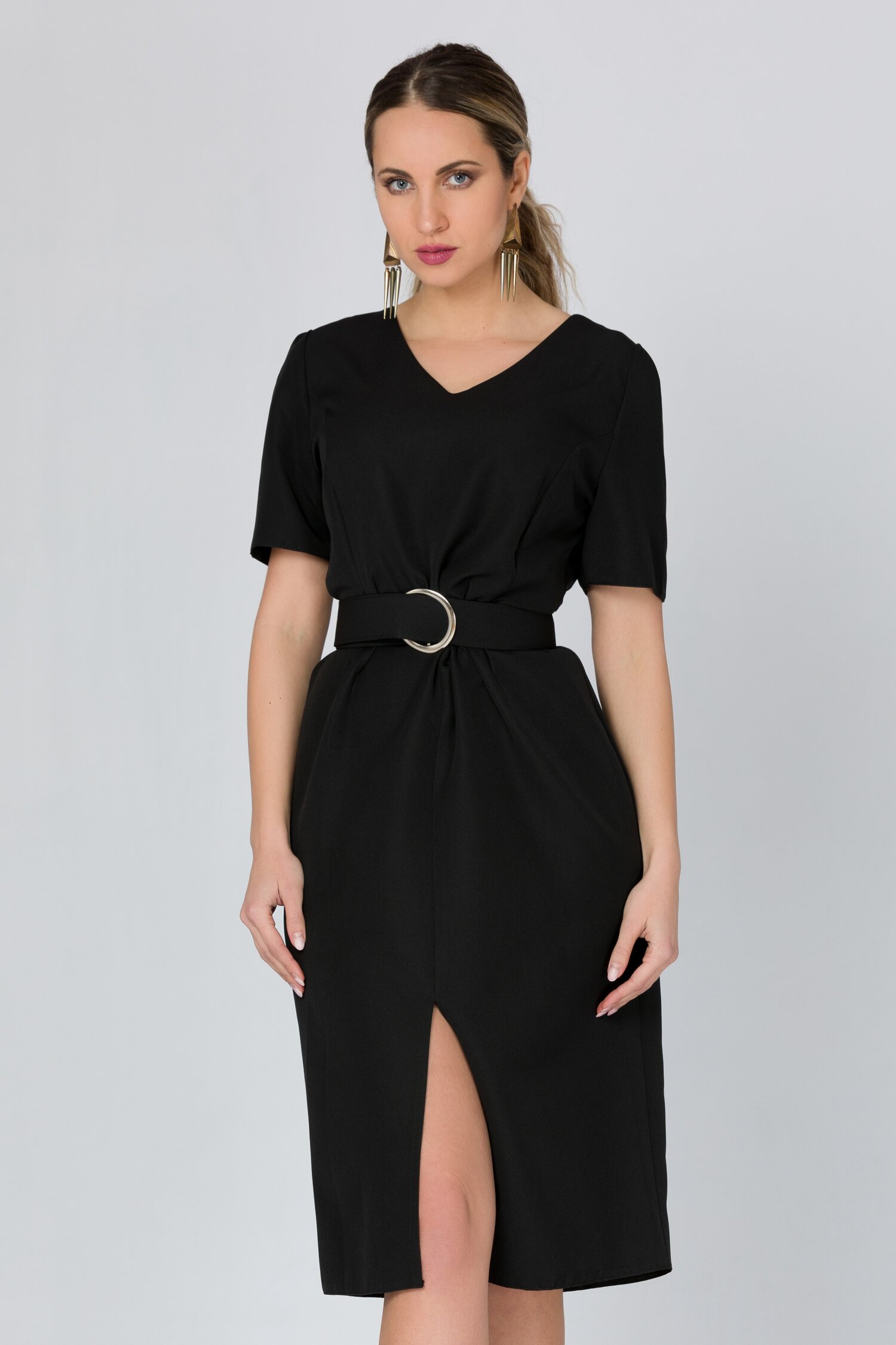 Rochie Camelia neagra office cu curea in talie