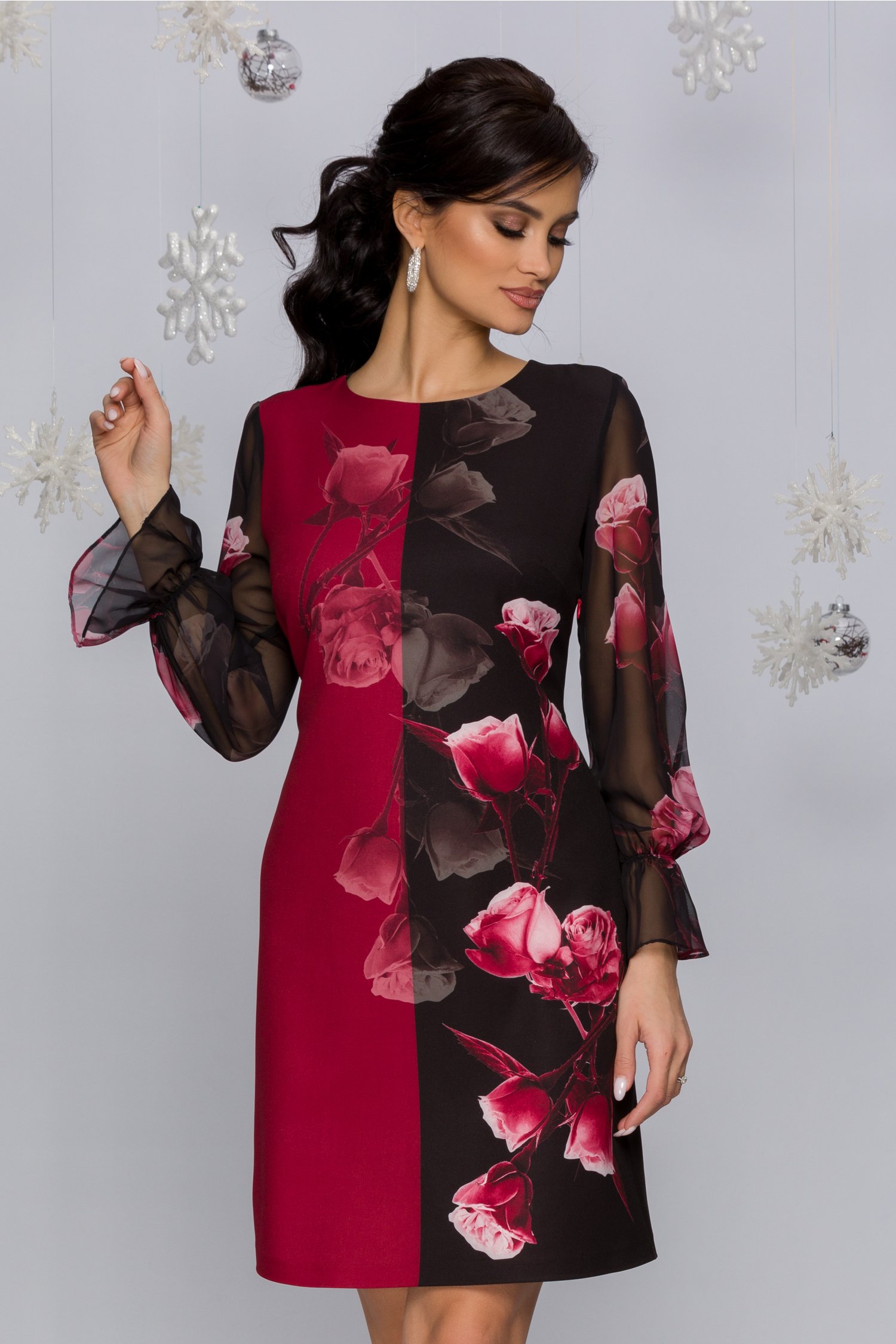 Rochie carla bordo cu negru si imprimeu floral in degrade