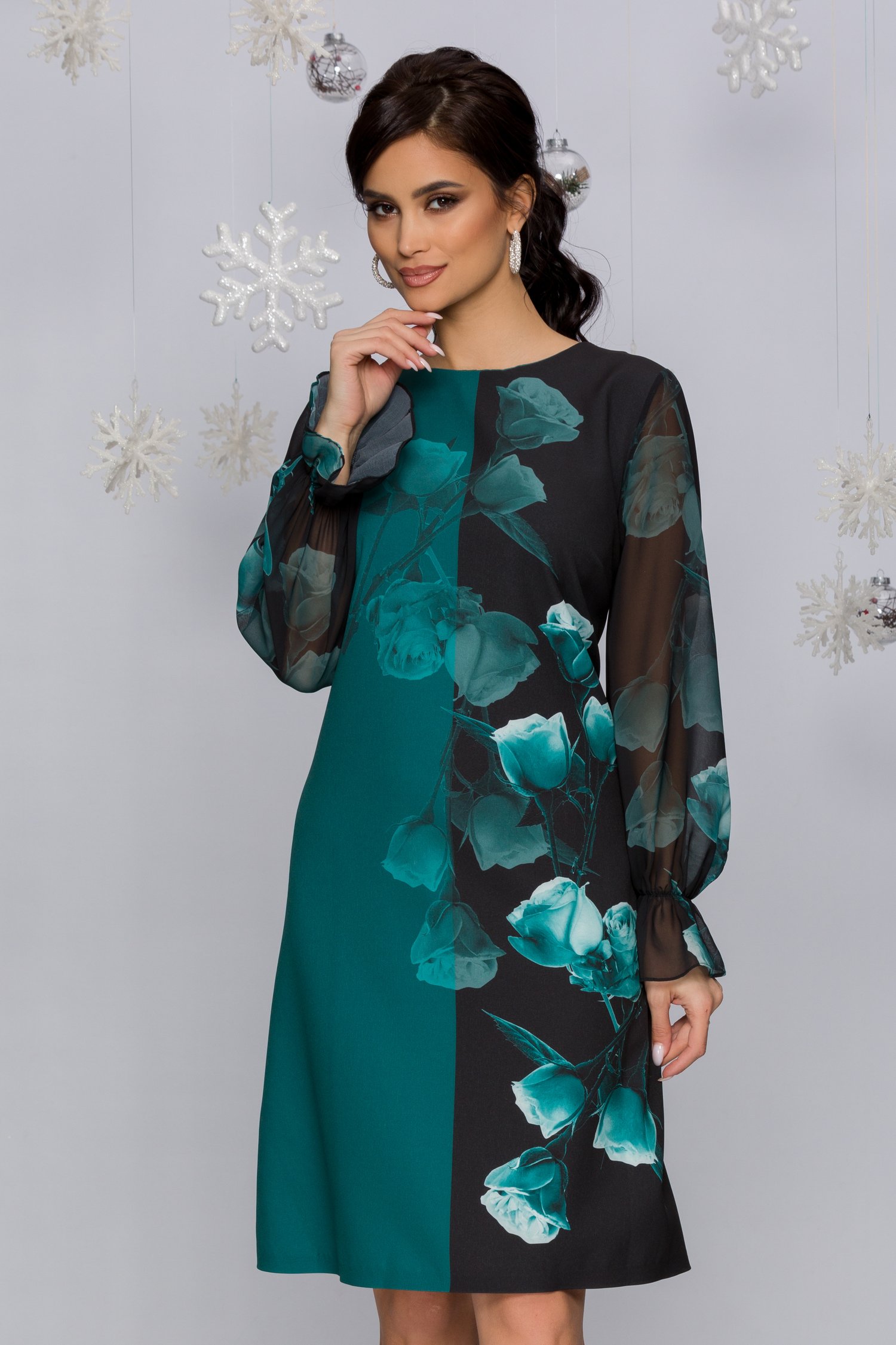 Rochie Carla verde petrol cu negru si imprimeu floral in degrade