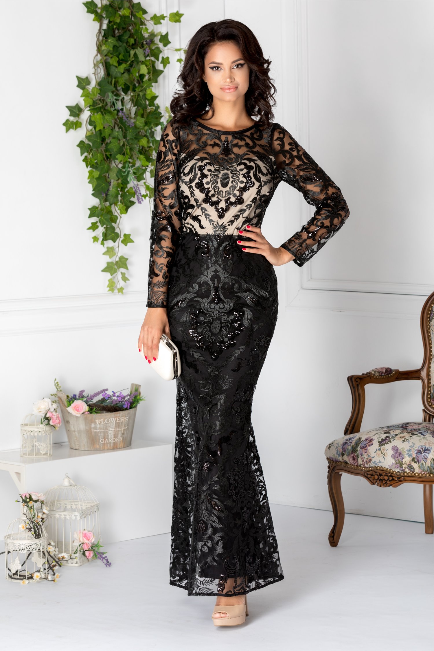 Rochie Catina negru cu bej lunga din dantela brodata
