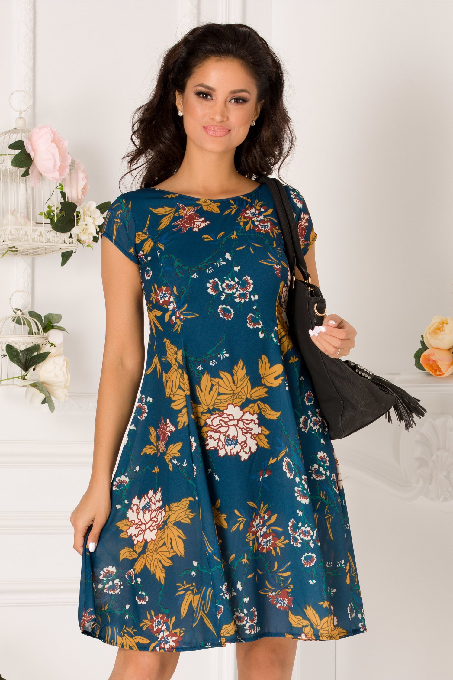 Rochie cecilia albastra casual cu imprimeuri florale galbena