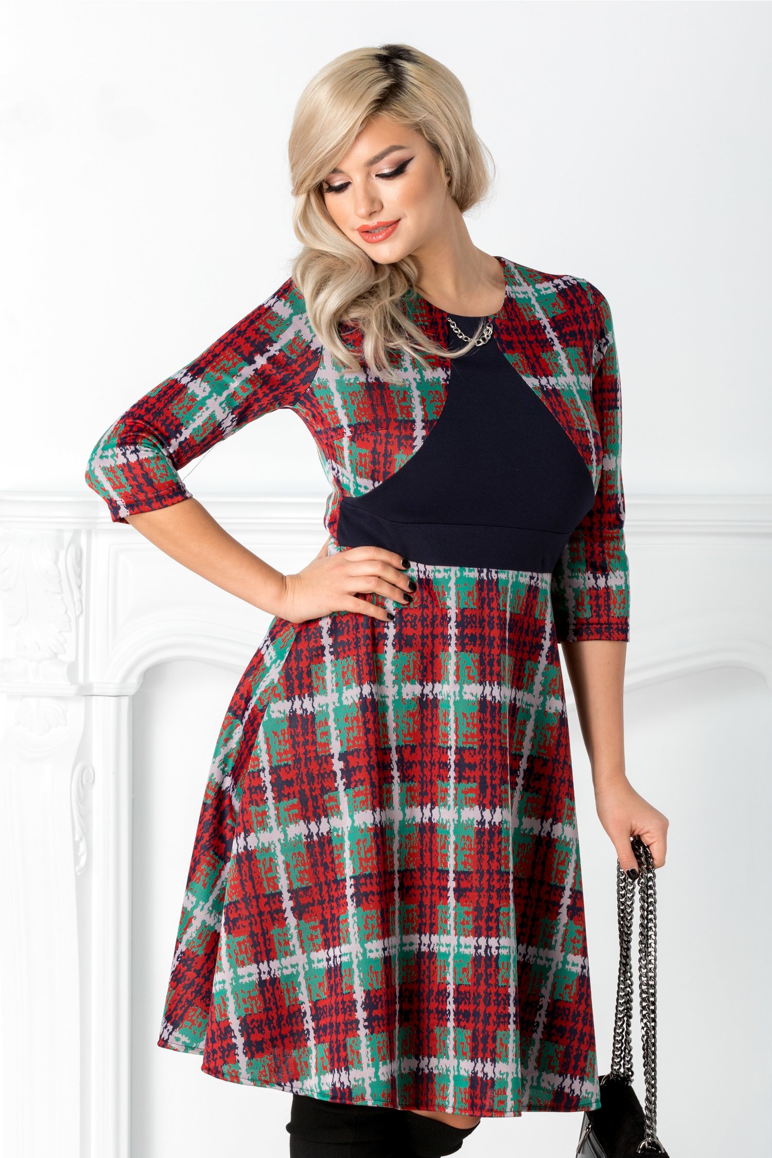 Rochie Celia bleumarin cu imprimeu multicolor