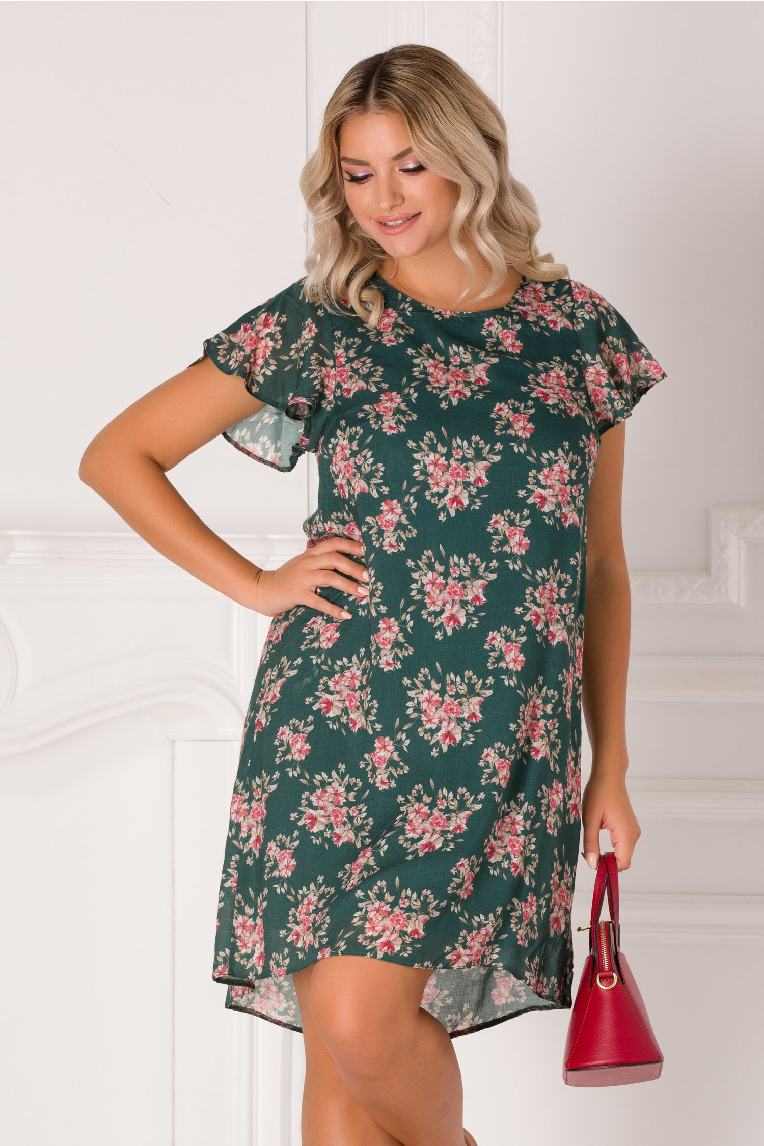Rochie celly casual verde cu imprimeu floral