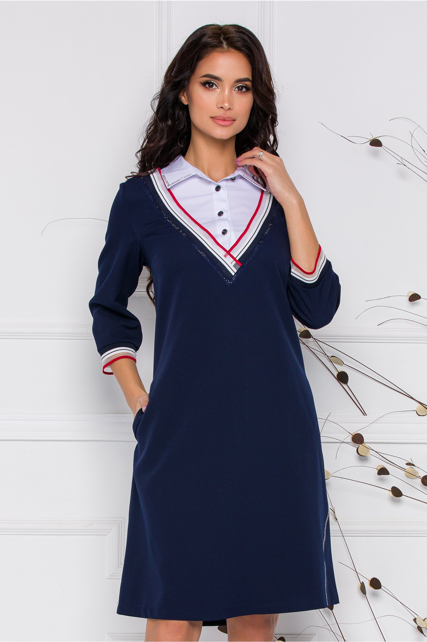 Rochie Chloe bleumarin cu guler tip camasa
