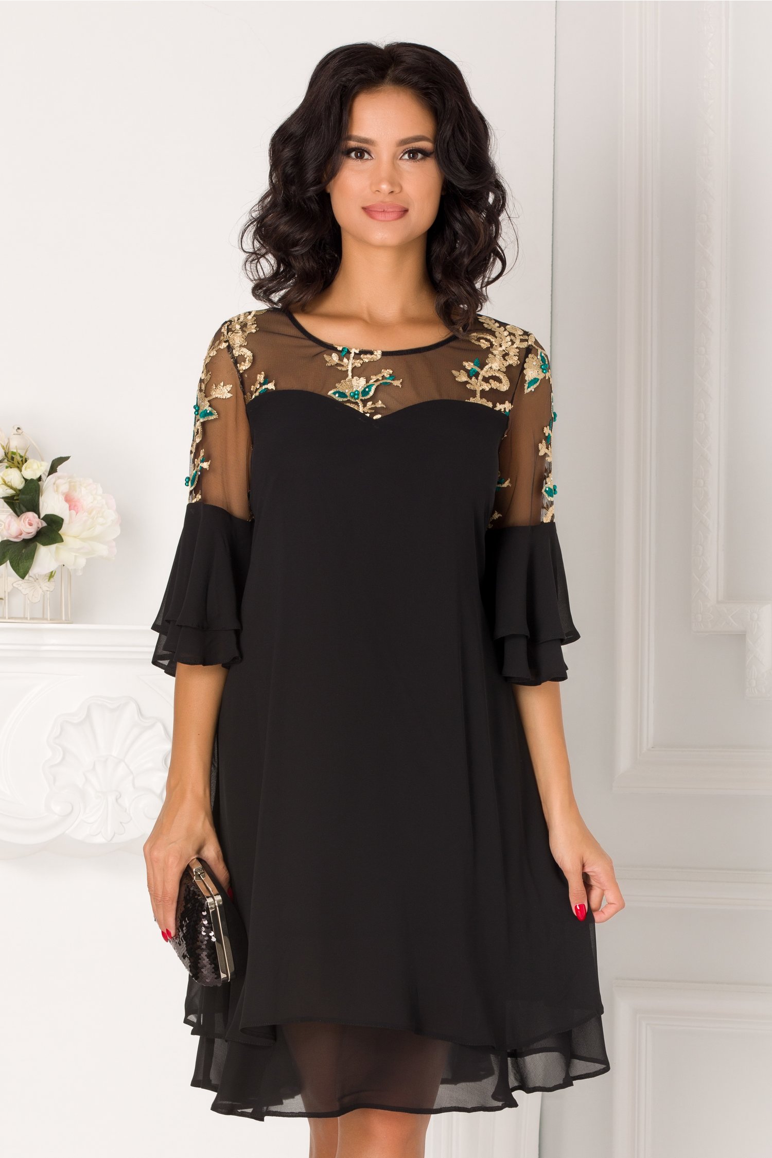 Rochie Chrisa neagra cu broderie florala in nuante de auriu si verde la umeri