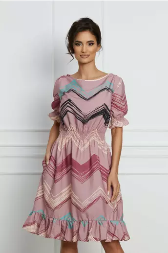 Rochie Christina roz cu imprimeuri bej in zig-zag