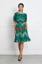 Rochie Christina verde cu imprimeuri galbene in zig-zag
