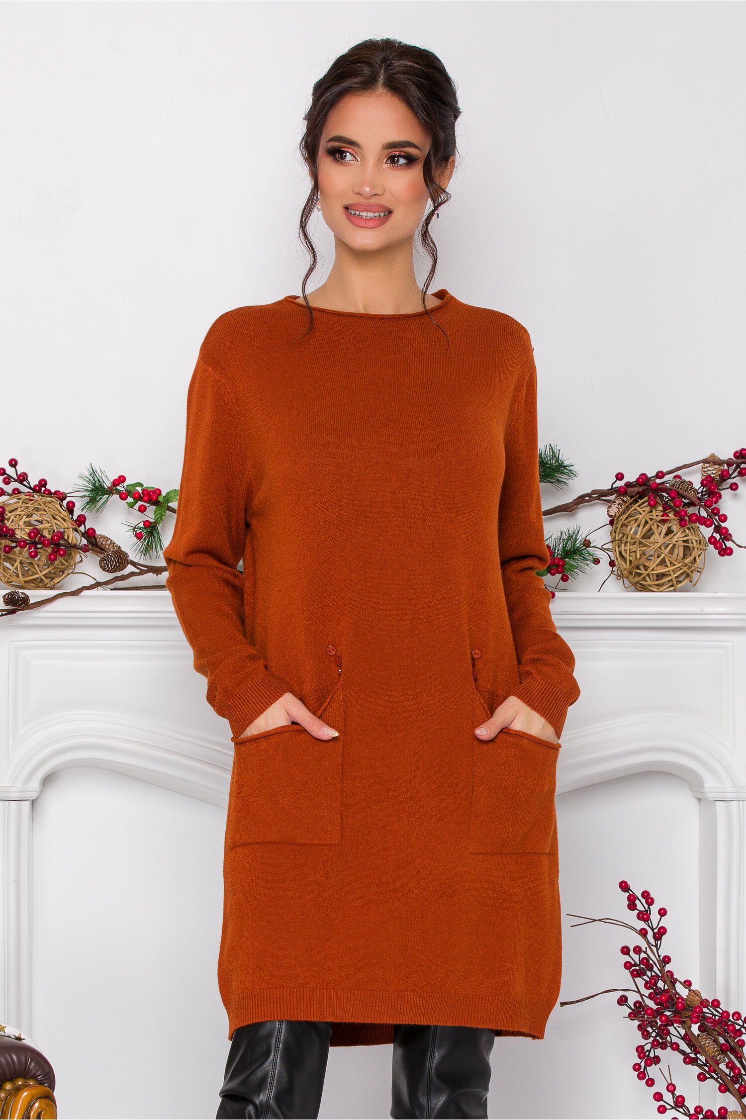 Rochie Corina caramizie din tricot cu buzunare