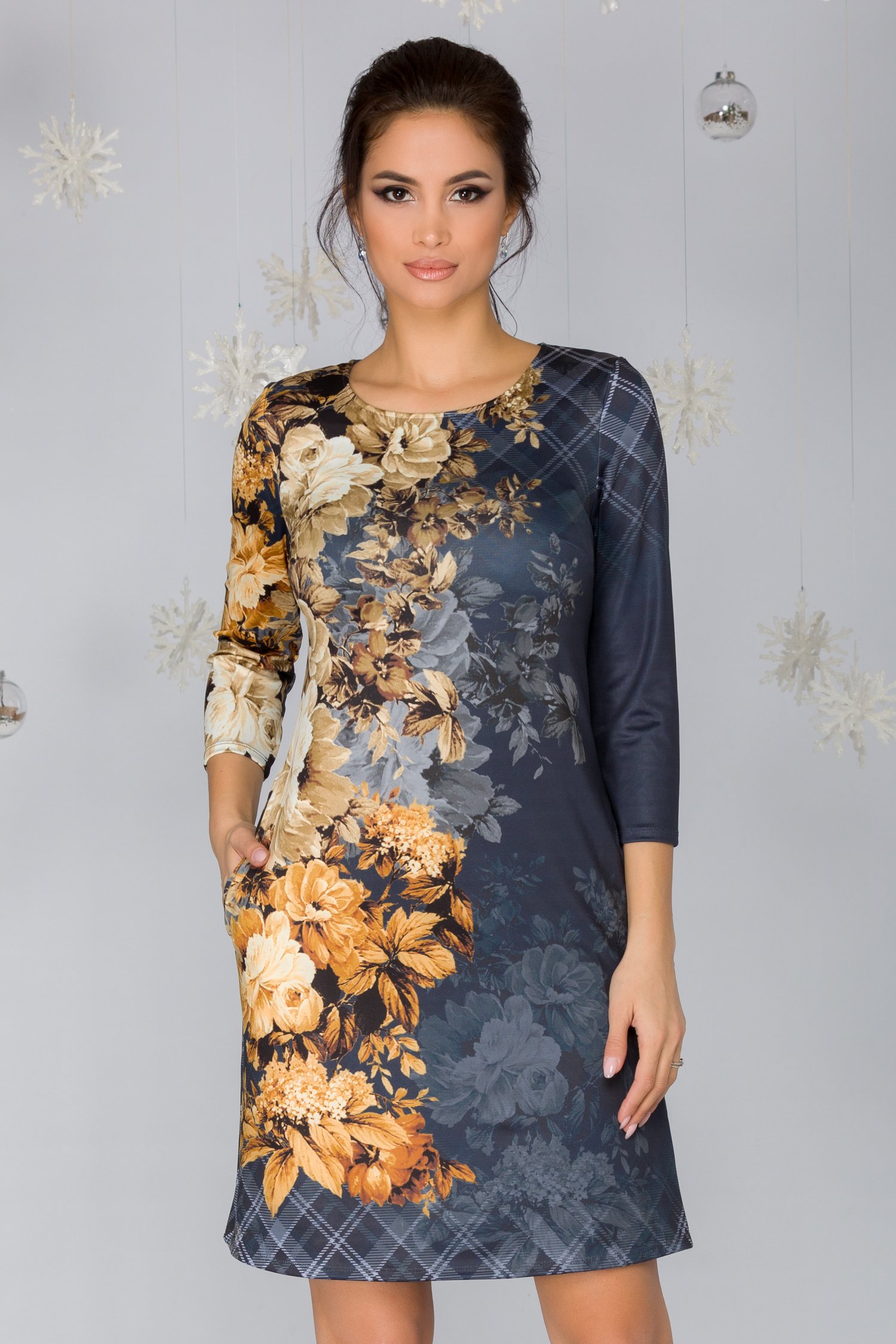 Rochie cornelia bleumarin cu imprimeu floral in nuante de bej