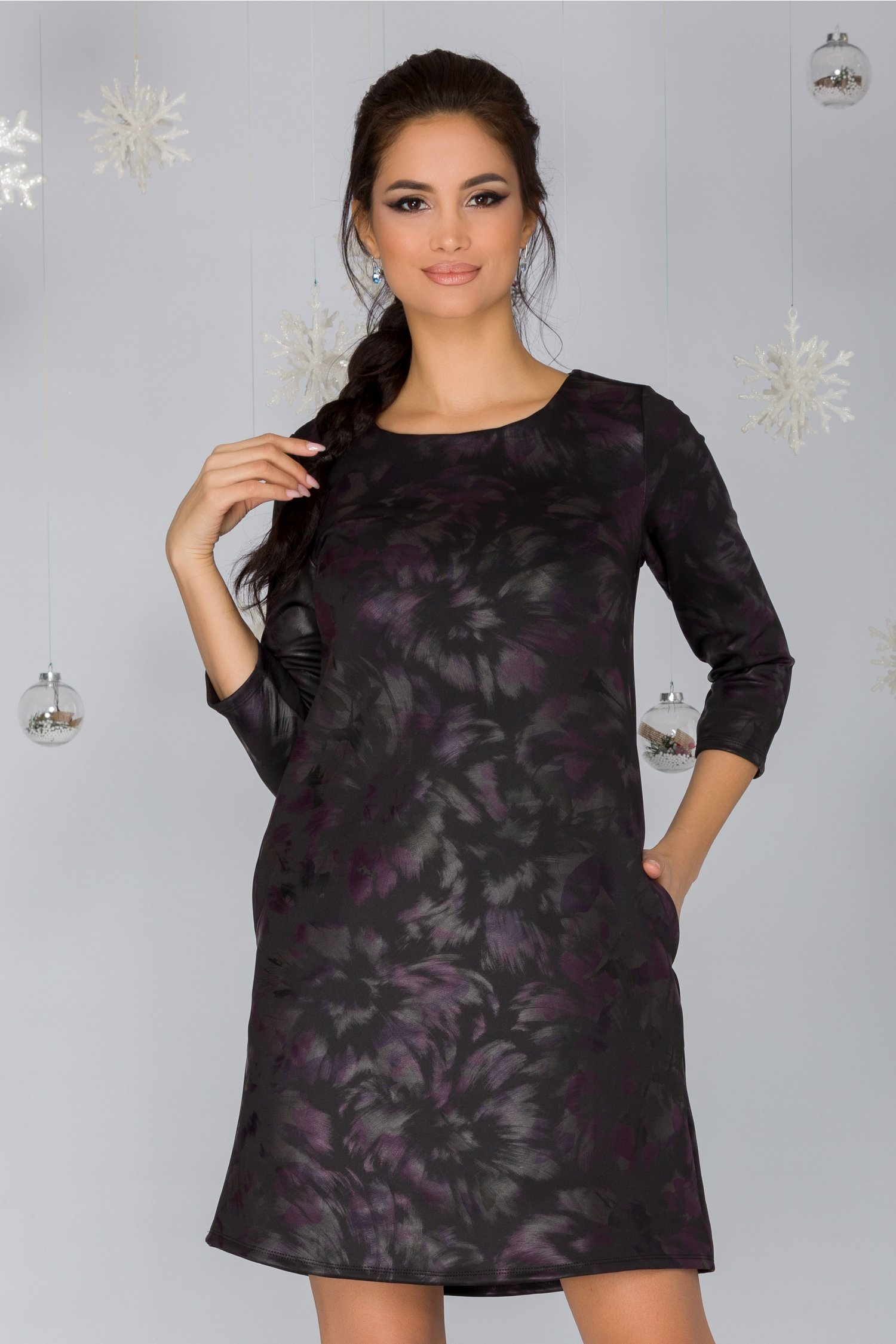 Rochie Cornelia neagra cu imprimeuri mov