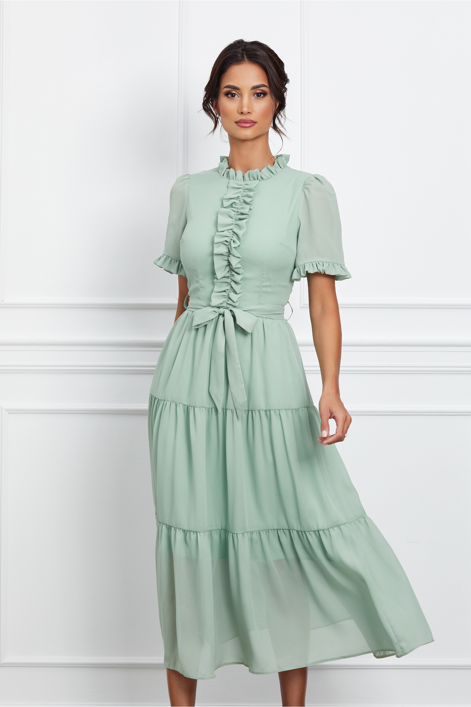 Rochie Crina verde fistic cu volanase si cordon in talie