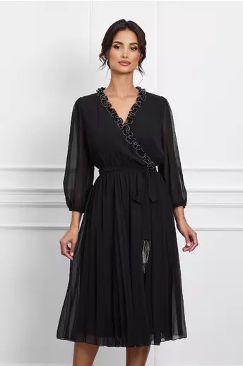 Rochie Cristina neagra din voal cu volane si cordon