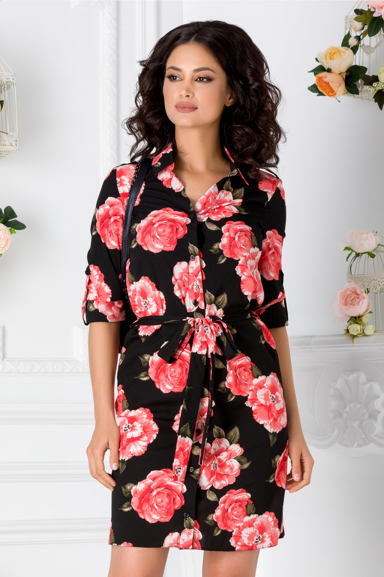 Rochie Dalia tip camasa neagra cu imprimeu floral
