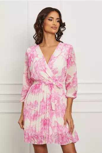 Rochie Daria ivory cu imprimeuri roz si cordon in talie