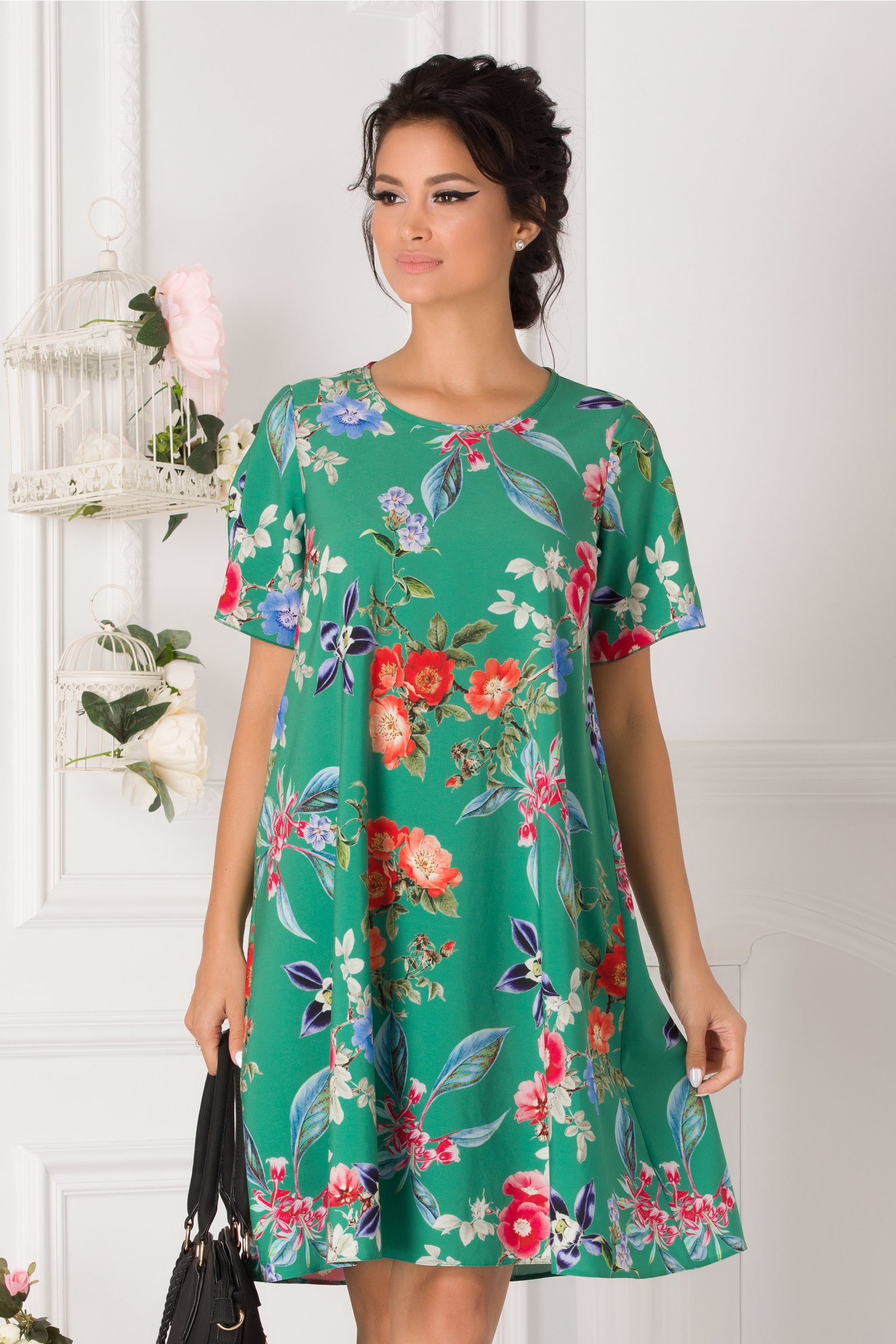 Rochie Daria verde cu imprimeu floral colorat