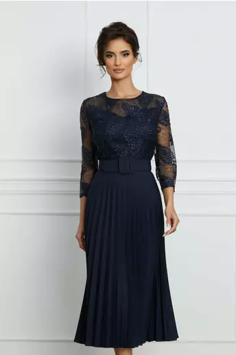Rochie Dariana bleumarin cu glitter la bust si fusta plisata