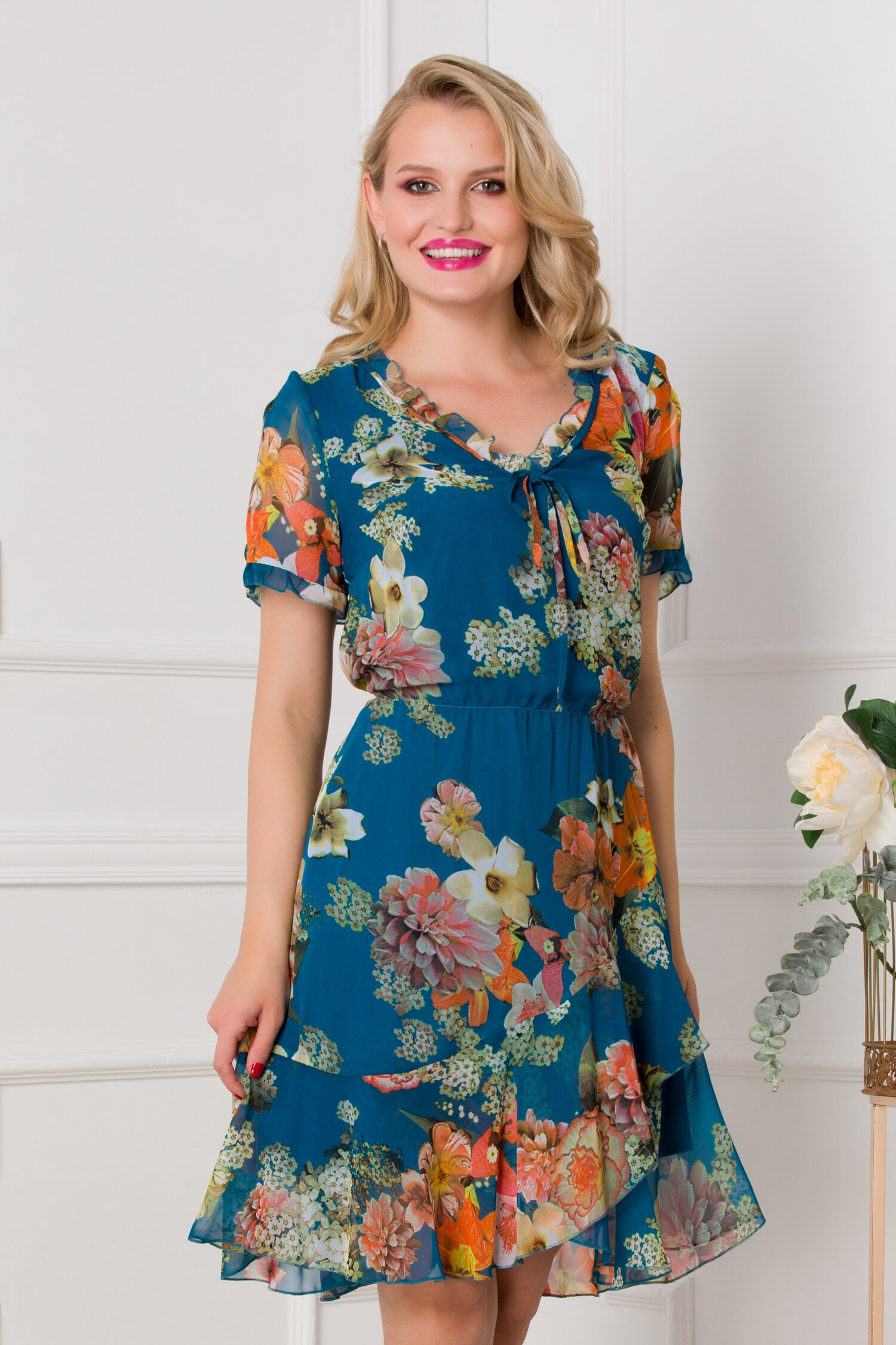 Rochie Dariana turcoaz cu imprimeu floral