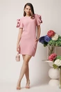 Rochie de ocazie roz cu flori maxi pe maneci