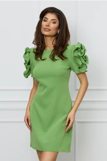 Rochie de ocazie verde fistic cu flori maxi pe maneci