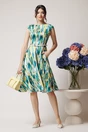 Rochie de zi din satin cu imprimeuri verzi si curea in talie