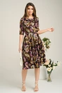 Rochie de zi din satin maro cu imprimeuri mov si galbene