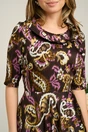 Rochie de zi din satin maro cu imprimeuri mov si galbene