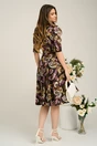 Rochie de zi din satin maro cu imprimeuri mov si galbene