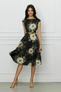 Rochie de zi din satin neagra cu imprimeuri florale si curea in talie