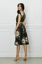 Rochie de zi din satin neagra cu imprimeuri florale si curea in talie