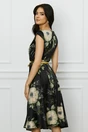 Rochie de zi din satin neagra cu imprimeuri florale si curea in talie