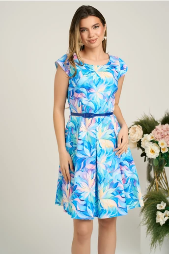 Rochie de zi din triplu voal albastra cu flori si curea in talie